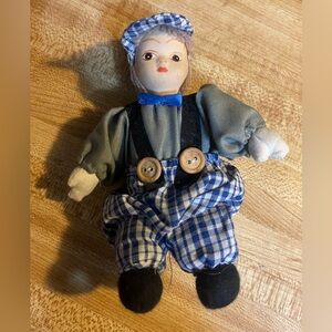 Vintage 1980s Boy Doll with Hat, Suspenders & Plaid Pants – Retro Collectible